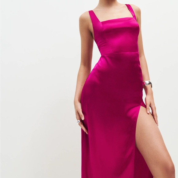 Reformation Solay Silk Dress Rhubarb Wedding Guest Dress - Picture 3 of 7